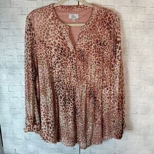Kim Rogers blouse pink gold animal print bohemian roll tap sleeve plus size ￼
